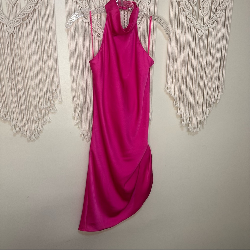 Elegant Pink Sleeveless Halter Asymmetrical Dress - Size L